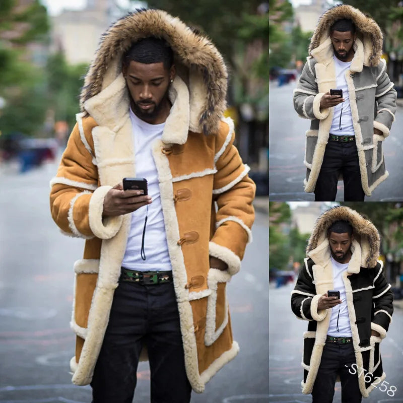 Overcoat Men Winter New Loose Long Cotton-padded Jacket Brown Fur Integrated Lamb Wool Hooded Coats Male