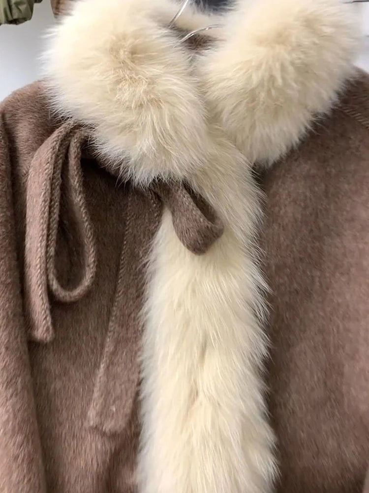 Women Bow Woolen Coats Thick Warm Long Sleeve Fur Collar Patchwork Casual Outwear Preppy Sweet Simple Office Lady Female Tops