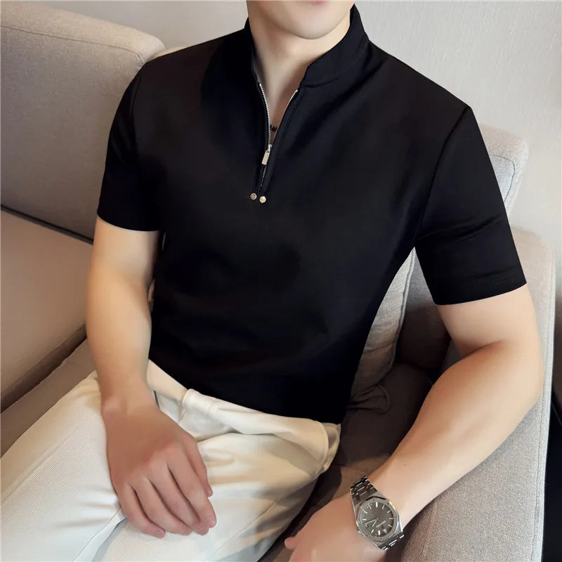 Summer Short Sleeved Polo Shirt Solid Casual Slim fit T-shirt Stand Up Collar Cotton Tee Streetwear Trendy Fashion Men Clothing