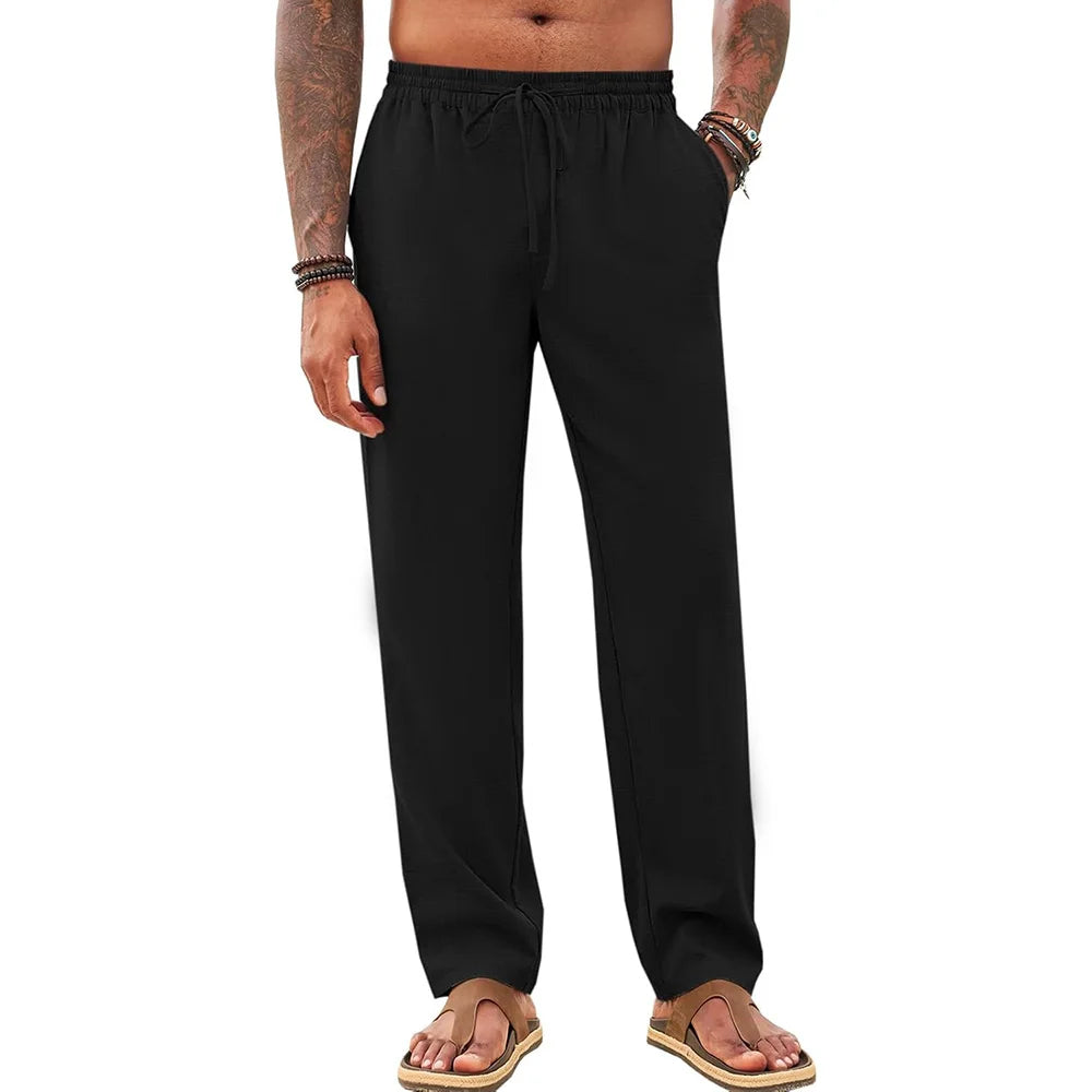 Spring Summer Men's Cotton Linen Pants Casual Basic Beach Style Vacation Hawaii Straight Leg Trouser Breathable Pants
