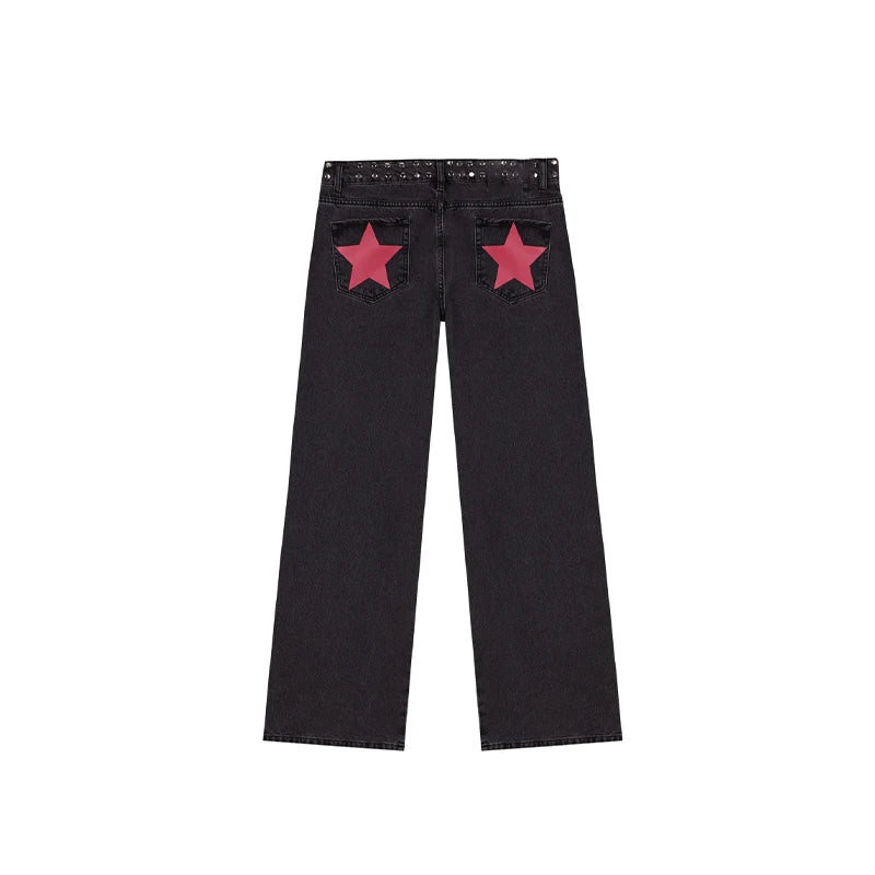 High Street Rivet Y2k Woman Long Jeans Denim Star Patchwork Low Waist Straight Pants 2025 New Fashion Casual Women's Trousers