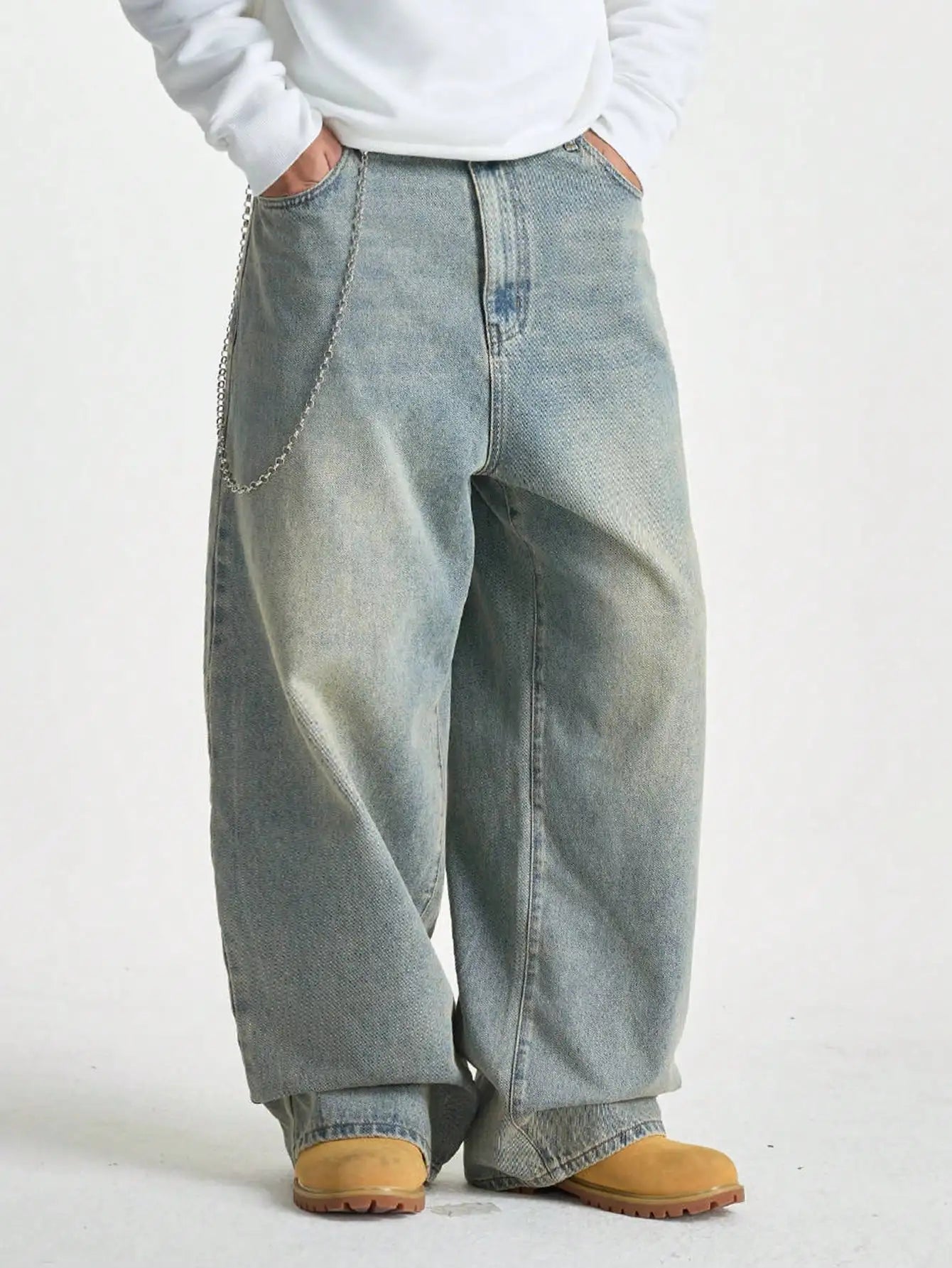 Manfinity EMRG Men's Light Blue Washed Retro Loose Wide Leg Jeans