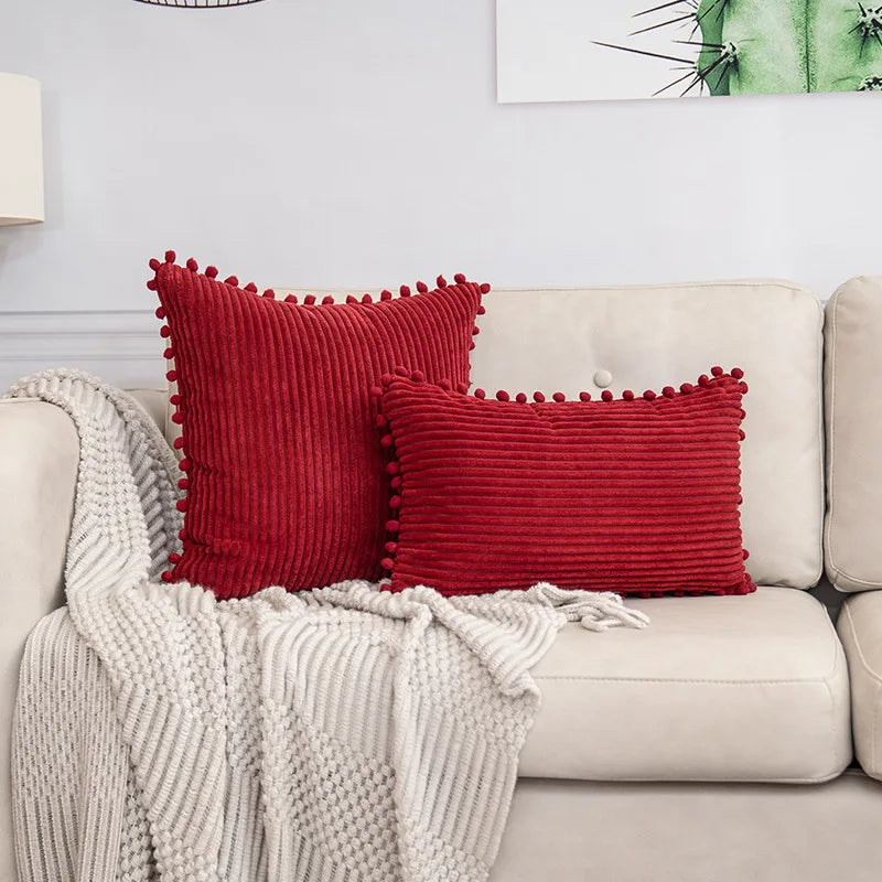 Corduroy Striped Cushion Cover with Pom Pom Solid Boho Throw Pillow Case Decorative Pillows for Sofa Bed Beige Lumbar Cushion