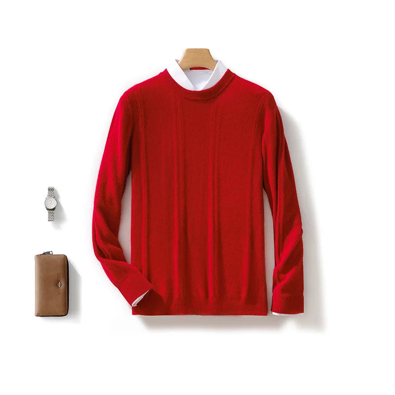 Autumn Winter 100% Merino Wool O-Neck Vertical Stripes Sweater Pullover Cashmere