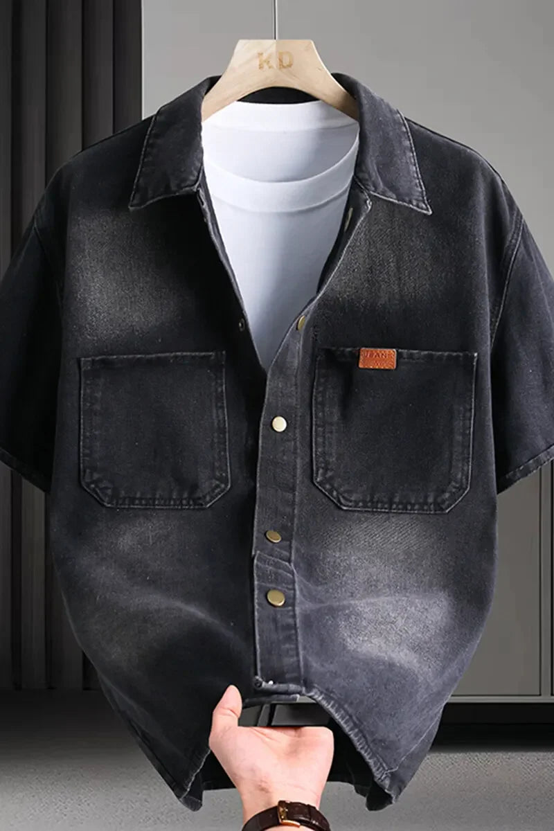 Trendy Men's Solid Denim Shirt Soft & Breathable Collar Multi-Pocket Short-Sleeve Casual Shirt Comfortable Men's Versatile Top
