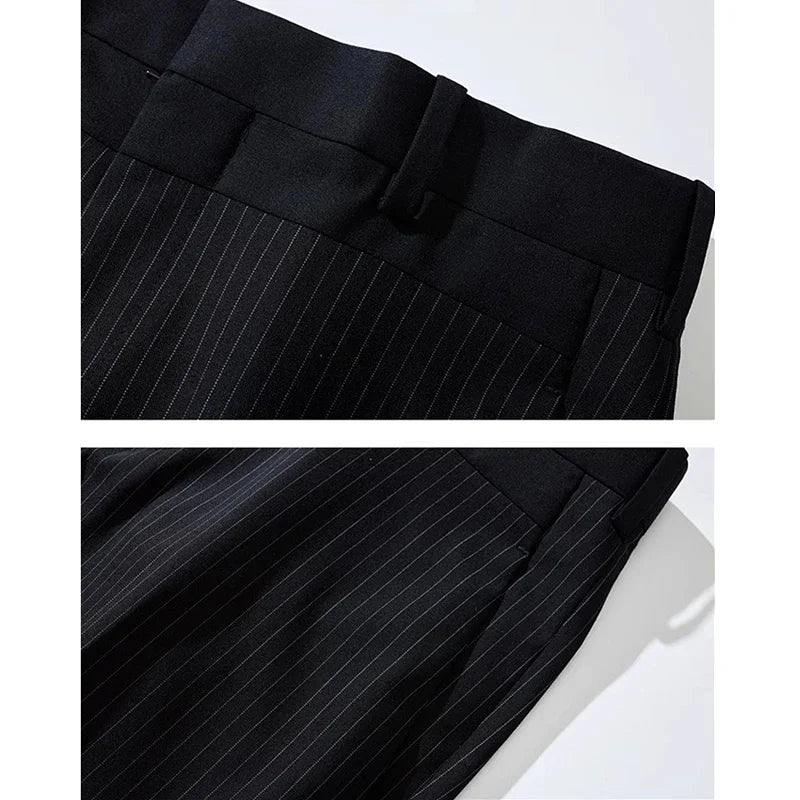 Black Men's Striped Casual Pant, Fashion Slim Calf Length Pants