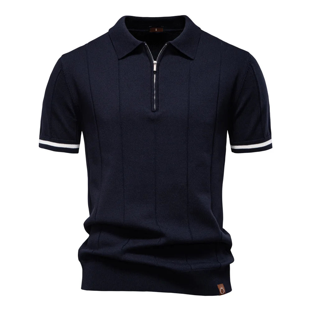 New men's business casual short-sleeved fashion trend knitted POLO shirt with lapel and half-zip pullover design.