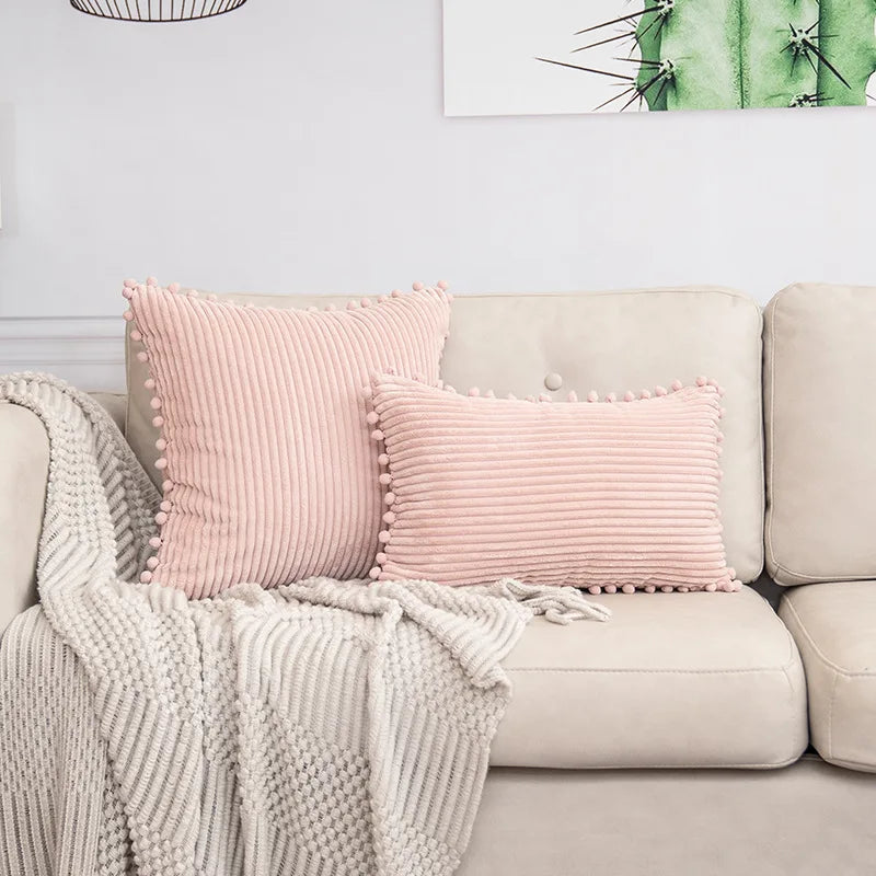 Corduroy Striped Cushion Cover with Pom Pom Solid Boho Throw Pillow Case Decorative Pillows for Sofa Bed Beige Lumbar Cushion