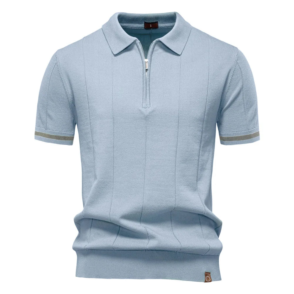 New men's business casual short-sleeved fashion trend knitted POLO shirt with lapel and half-zip pullover design.