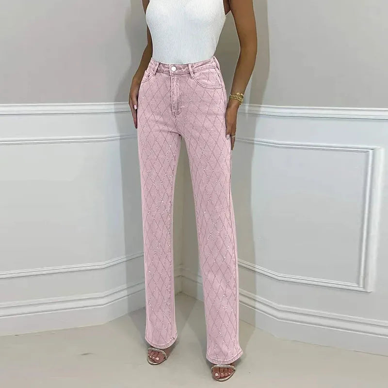 Fashion Full Pearl High Street Woman Jeans Crossed Waist Denim All Match Straight Trousers New Rough Selvedge Sweet Girls Pants