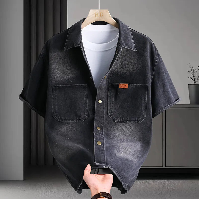 Trendy Men's Solid Denim Shirt Soft & Breathable Collar Multi-Pocket Short-Sleeve Casual Shirt Comfortable Men's Versatile Top