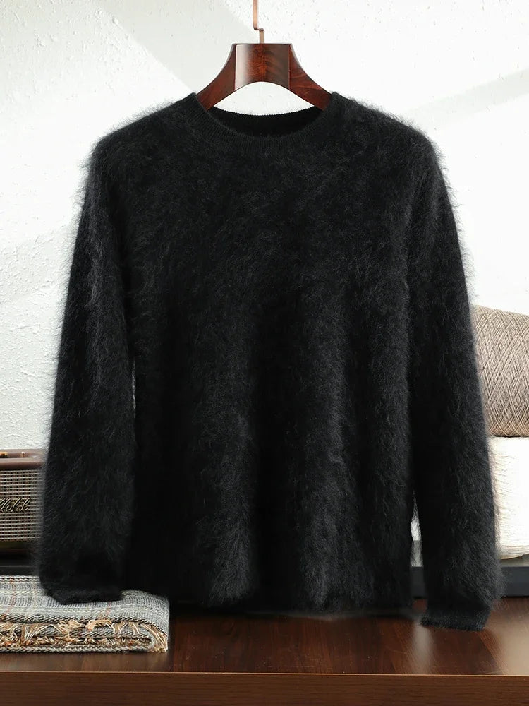 Men's 100% Plush Cashmere Sweaters O-neck Basic Pullovers Long Fluff Pure Brushing Cashmere Jumpers 2024 New Autumn Winter