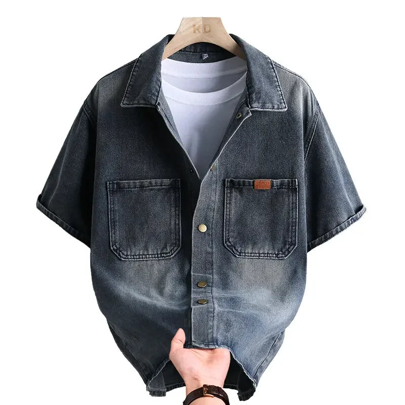 Trendy Men's Solid Denim Shirt Soft & Breathable Collar Multi-Pocket Short-Sleeve Casual Shirt Comfortable Men's Versatile Top