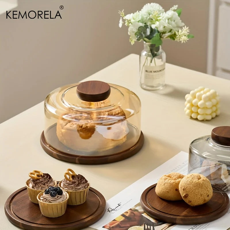 1PCS Round Wooden Cake Stand with Glass Dome Lid -Wood Serving Tray for Dim Sum Pastries & Desserts for Dining Room Cake Tray