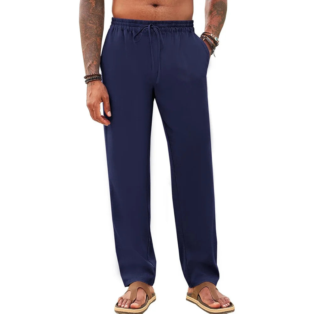 Spring Summer Men's Cotton Linen Pants Casual Basic Beach Style Vacation Hawaii Straight Leg Trouser Breathable Pants