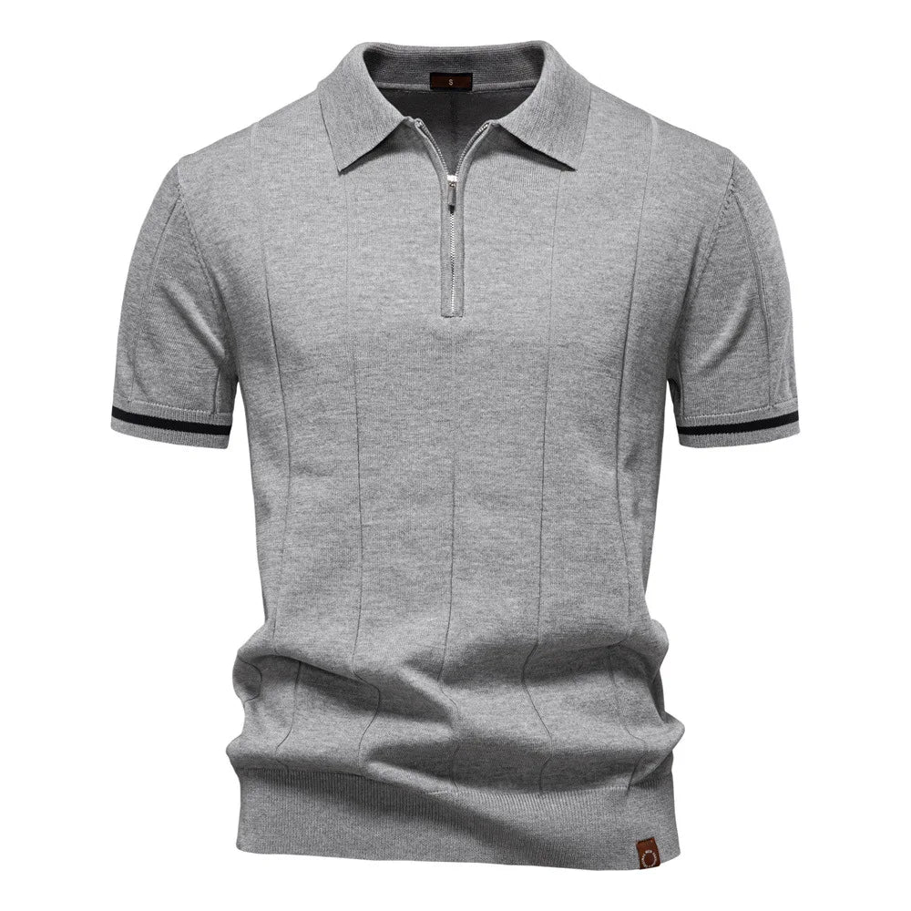 New men's business casual short-sleeved fashion trend knitted POLO shirt with lapel and half-zip pullover design.