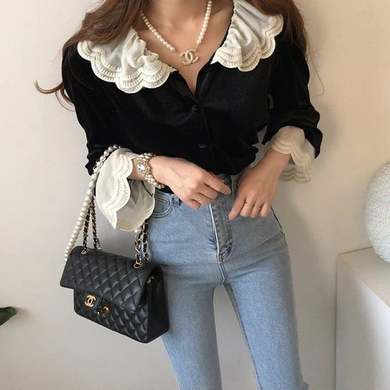 Autumn Velvet Shirts Tops Women Lace Patchwork Fashion Ruffle Long Sleeve Ladies Blouses Vintage Woman Shirt