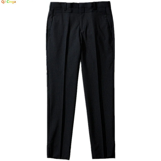 Black Men's Striped Casual Pant, Fashion Slim Calf Length Pants