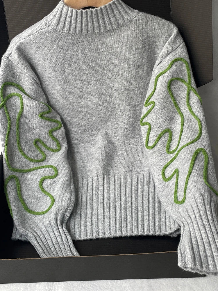 Women Wool-blend Casual Pullover Sweater Abstract 3D Embroidery Ribbed Hem Long Sleeves Jumper Trendy Knitwear 2025 Fall/Winter