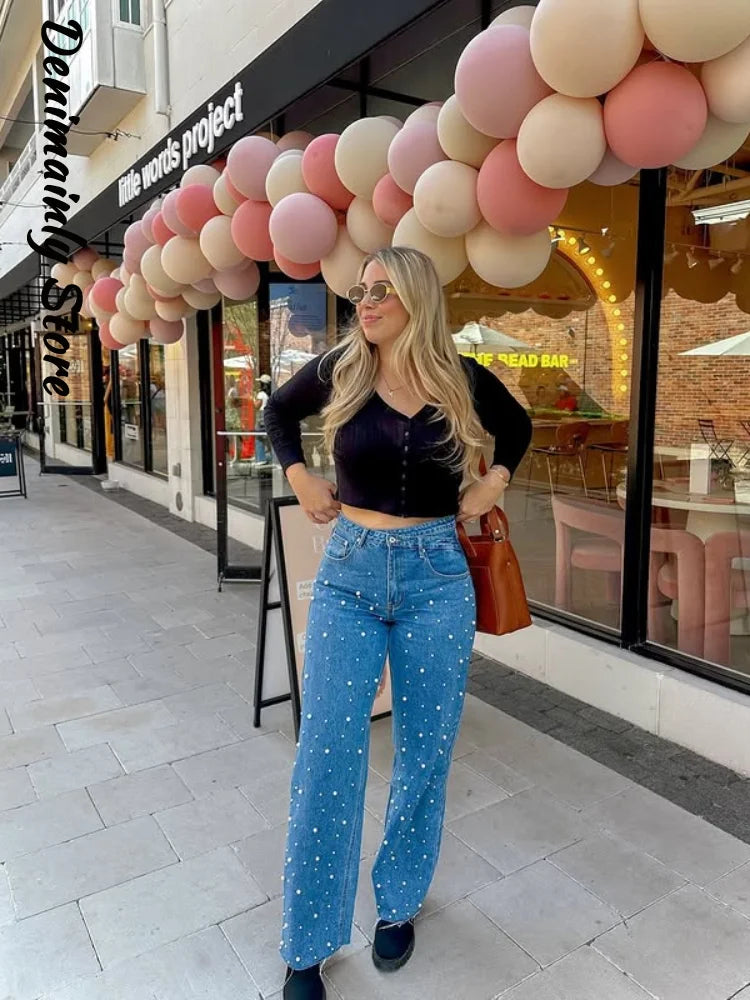 Fashion Full Pearl High Street Woman Jeans Crossed Waist Denim All Match Straight Trousers New Rough Selvedge Sweet Girls Pants