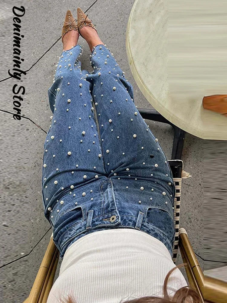 Fashion Full Pearl High Street Woman Jeans Crossed Waist Denim All Match Straight Trousers New Rough Selvedge Sweet Girls Pants