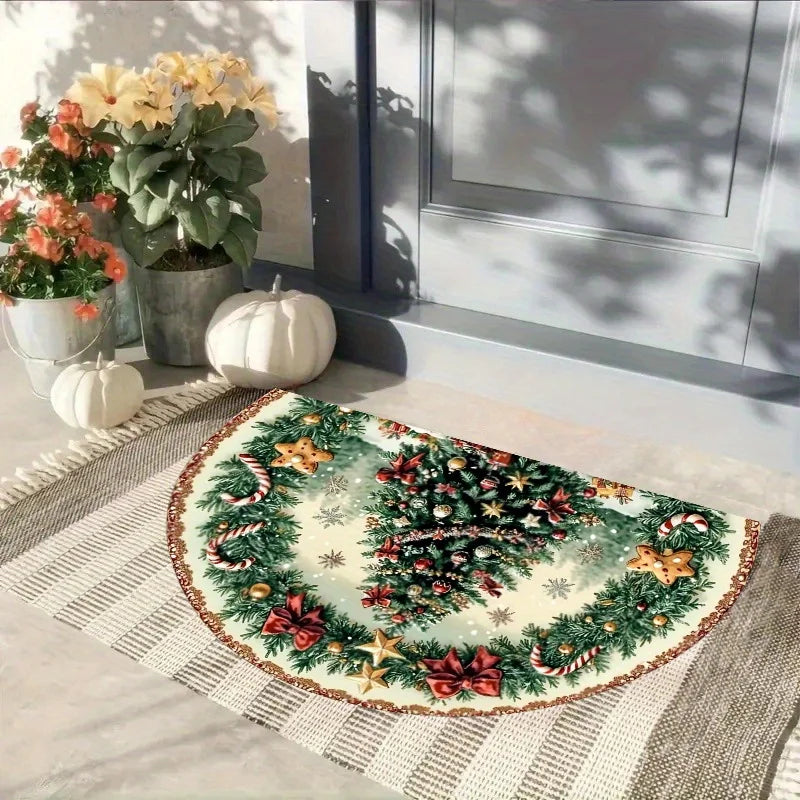 VIKAMA Christmas Theme Half Round Doormat Pine Bow Festive Decorative Rugs For Entryway Living Room Ins Style Home Decoration