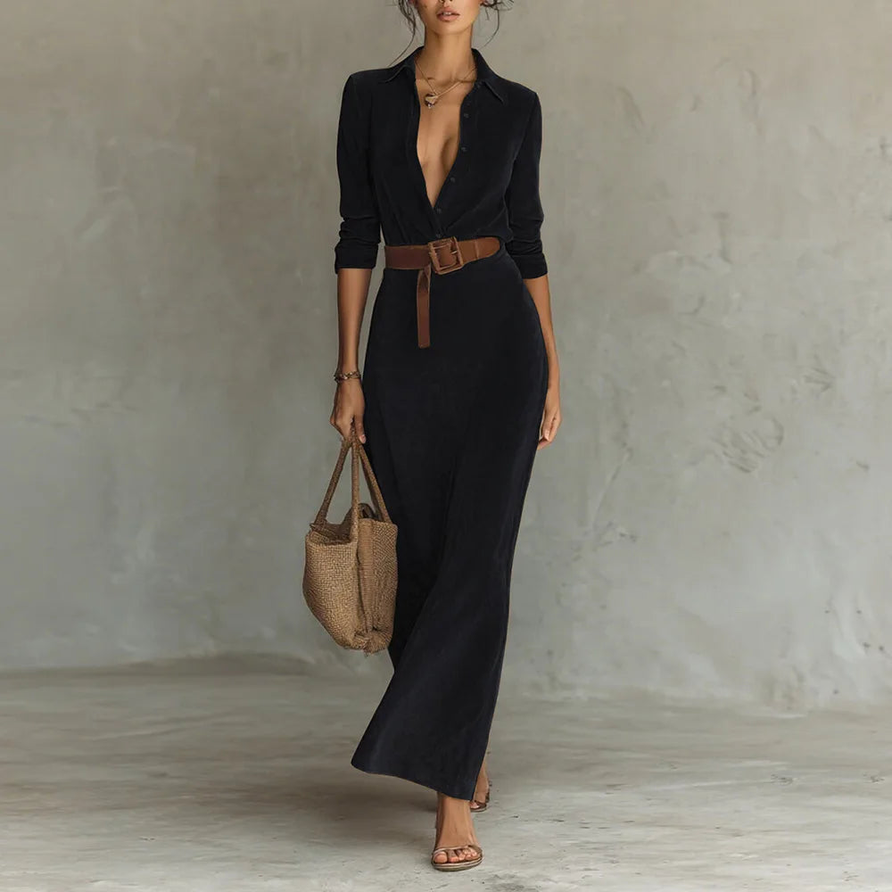 Woman Clothes Dresses 2025 Autumn Suede Waist Long Shirt Collar Elegant Dress With Belt Elegant Party Dresses Female Clothing