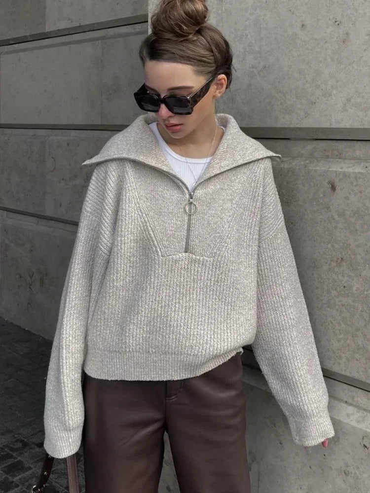 Casual Lapel Women Solid Sweater Loose Simple Zipper Long Sleeve Female Pullover 2025 Autumn Winter Lady All-match Simple Jumper