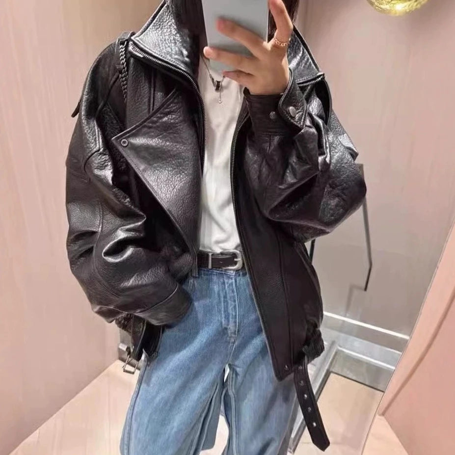 Women Jacket PU Leather Casual Short Punk Lace Up Turn Down Collar Long Sleeve Zipper Loose Y2k Street Wear British 2025 Winter