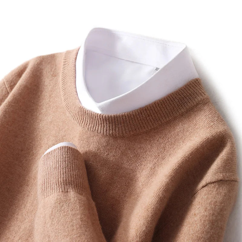 Autumn And Winter New 100% Wool Sweater Men's Round Neck Long Sleeved Pullover Sweater Loose Knit Cashmere Sweater