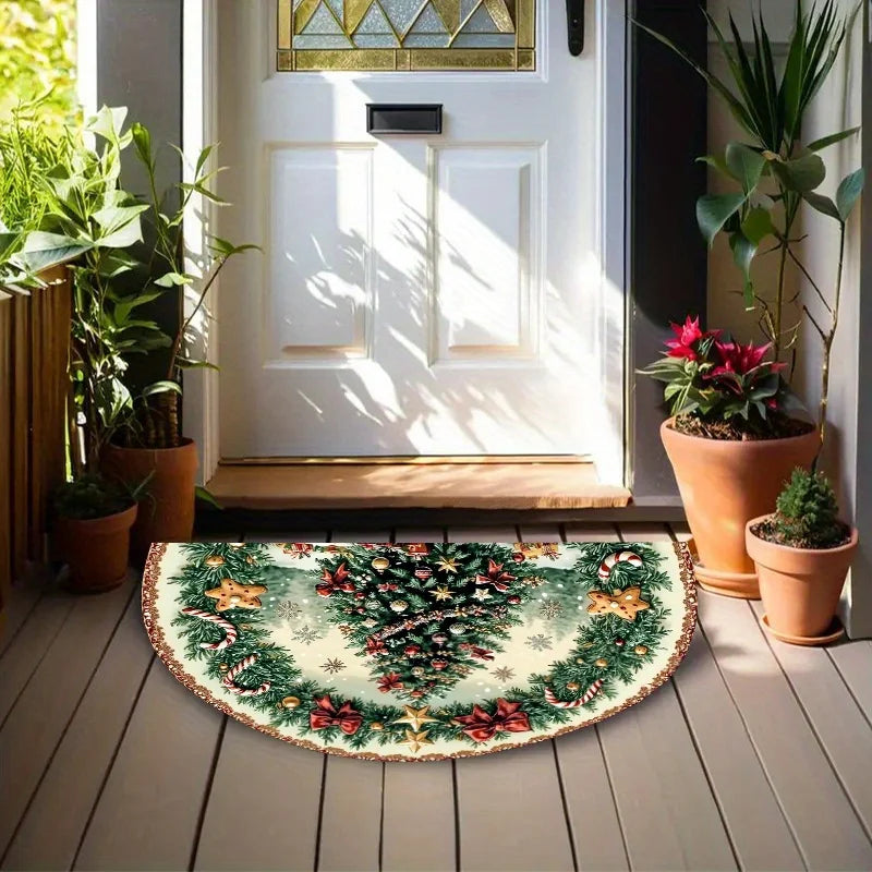 VIKAMA Christmas Theme Half Round Doormat Pine Bow Festive Decorative Rugs For Entryway Living Room Ins Style Home Decoration