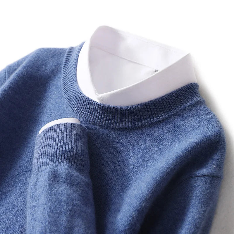 Autumn And Winter New 100% Wool Sweater Men's Round Neck Long Sleeved Pullover Sweater Loose Knit Cashmere Sweater