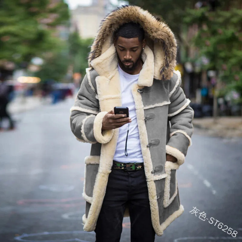 Overcoat Men Winter New Loose Long Cotton-padded Jacket Brown Fur Integrated Lamb Wool Hooded Coats Male