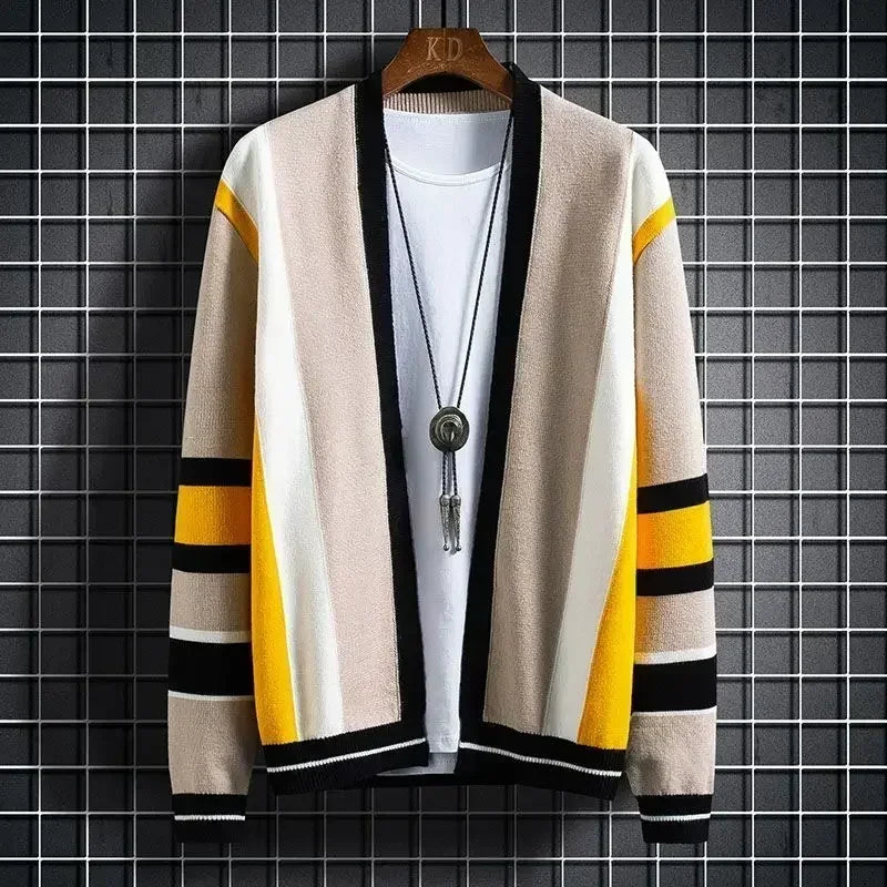 Sweaters for Men Blue Striped V Neck Man Clothes No Hoodie Cardigan Casual Cotton