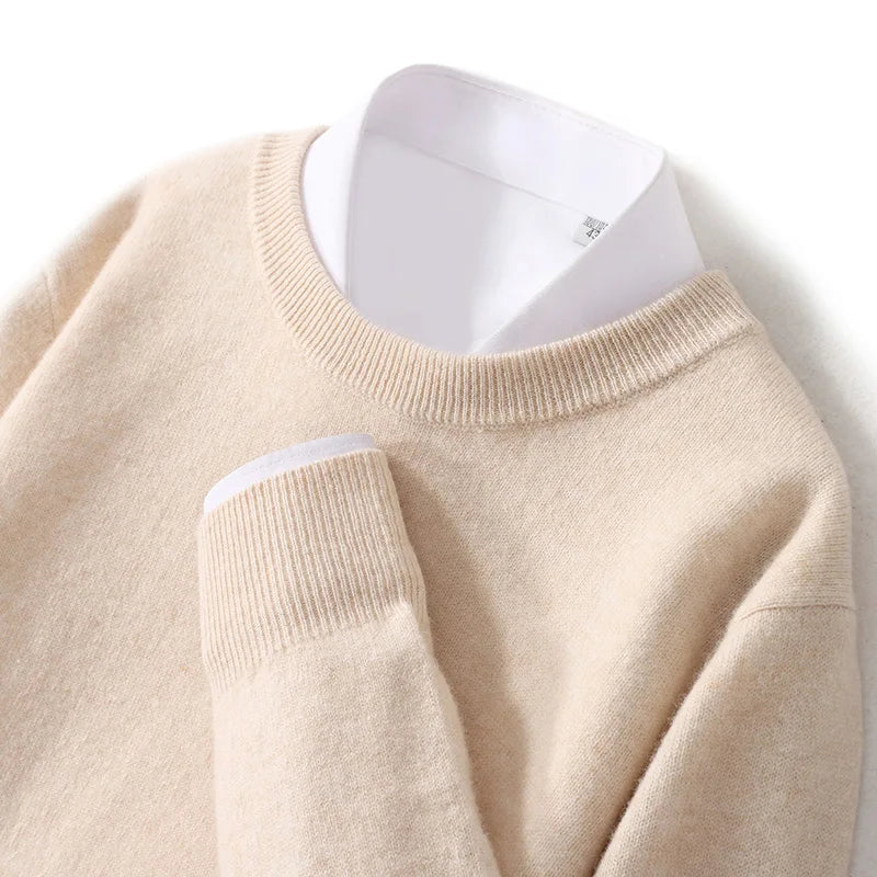 Autumn And Winter New 100% Wool Sweater Men's Round Neck Long Sleeved Pullover Sweater Loose Knit Cashmere Sweater
