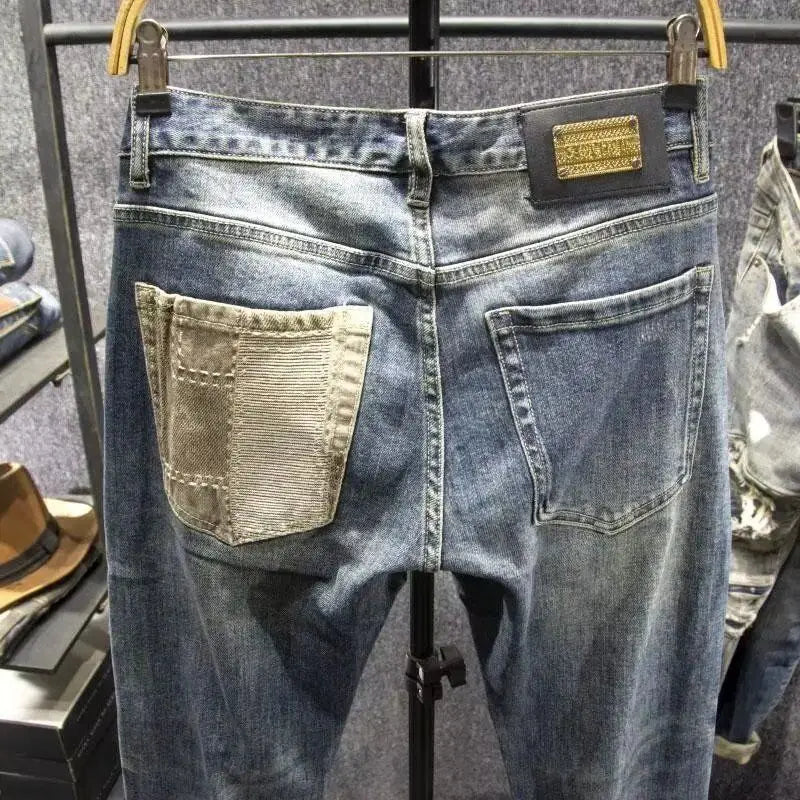 New 2025 Vintage Contrast Patch Jeans Men's Slim Casual Spring Autumn