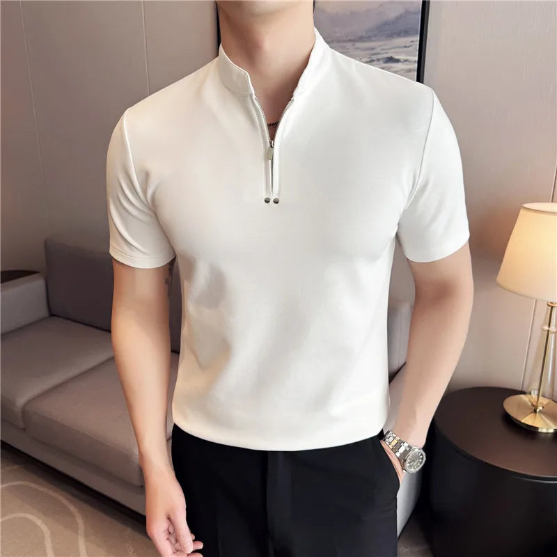 Summer Short Sleeved Polo Shirt Solid Casual Slim fit T-shirt Stand Up Collar Cotton Tee Streetwear Trendy Fashion Men Clothing