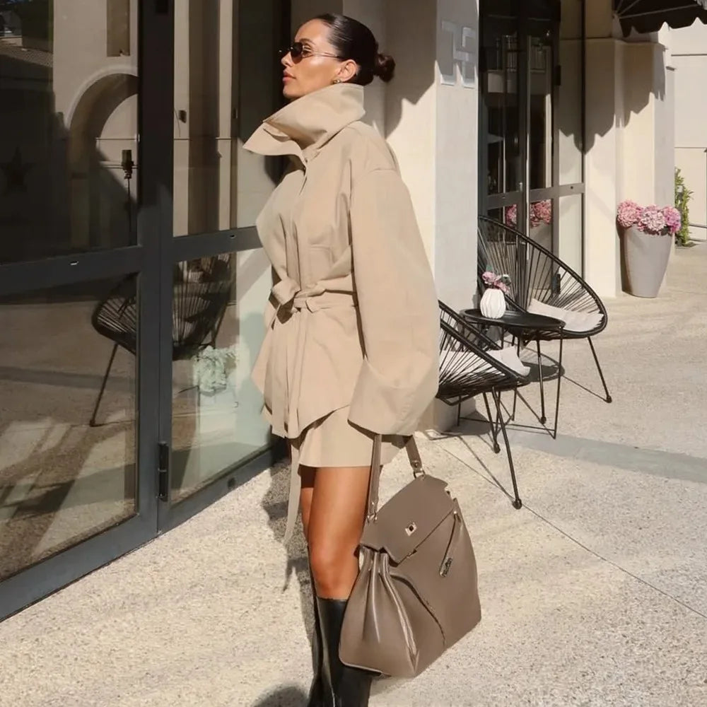 KONDALA Office Lady Khaki Suits Women Long Sleeve Sashes Button Trench Jakcets Wide Leg Button Shorts Fashion 2025 Autumn Suits