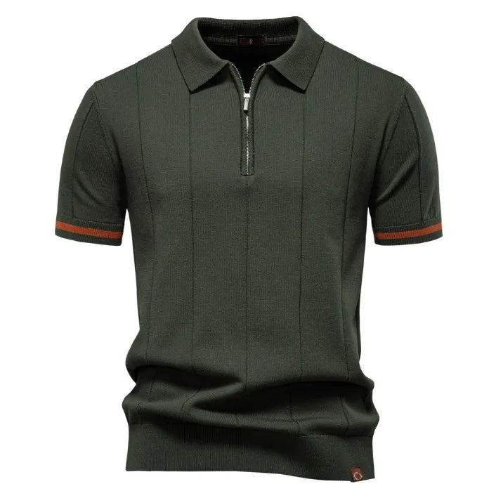 New men's business casual short-sleeved fashion trend knitted POLO shirt with lapel and half-zip pullover design.