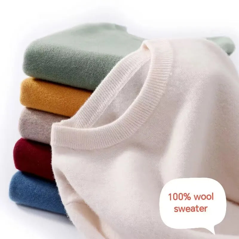 Autumn And Winter New 100% Wool Sweater Men's Round Neck Long Sleeved Pullover Sweater Loose Knit Cashmere Sweater