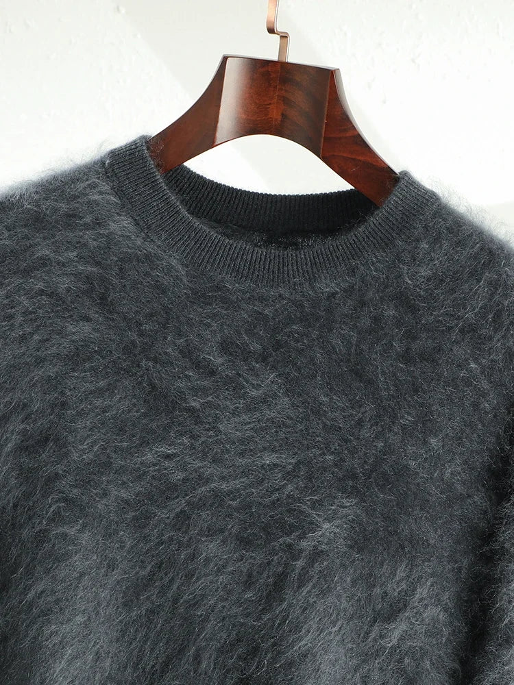 Men's 100% Plush Cashmere Sweaters O-neck Basic Pullovers Long Fluff Pure Brushing Cashmere Jumpers 2024 New Autumn Winter