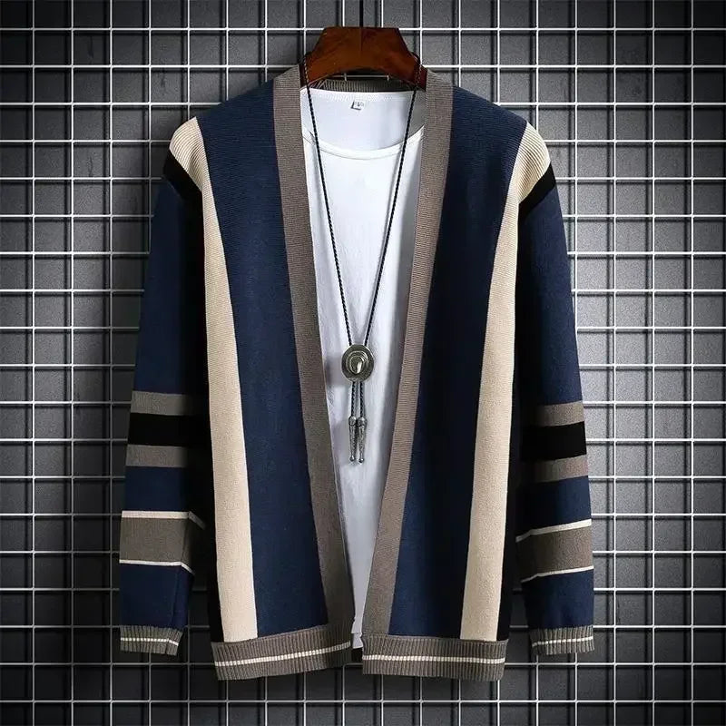 Sweaters for Men Blue Striped V Neck Man Clothes No Hoodie Cardigan Casual Cotton