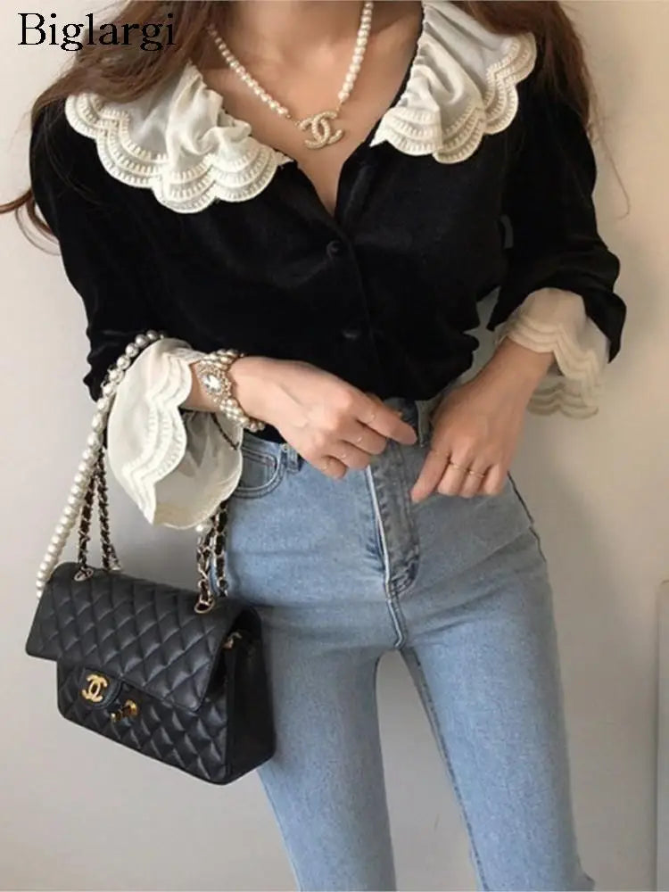 Autumn Velvet Shirts Tops Women Lace Patchwork Fashion Ruffle Long Sleeve Ladies Blouses Vintage Woman Shirt
