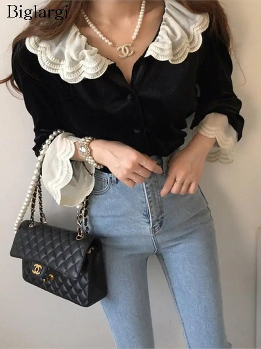 Autumn Velvet Shirts Tops Women Lace Patchwork Fashion Ruffle Long Sleeve Ladies Blouses Vintage Woman Shirt
