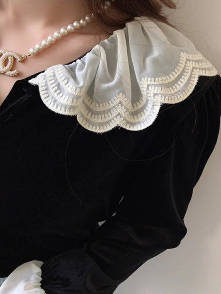 Autumn Velvet Shirts Tops Women Lace Patchwork Fashion Ruffle Long Sleeve Ladies Blouses Vintage Woman Shirt