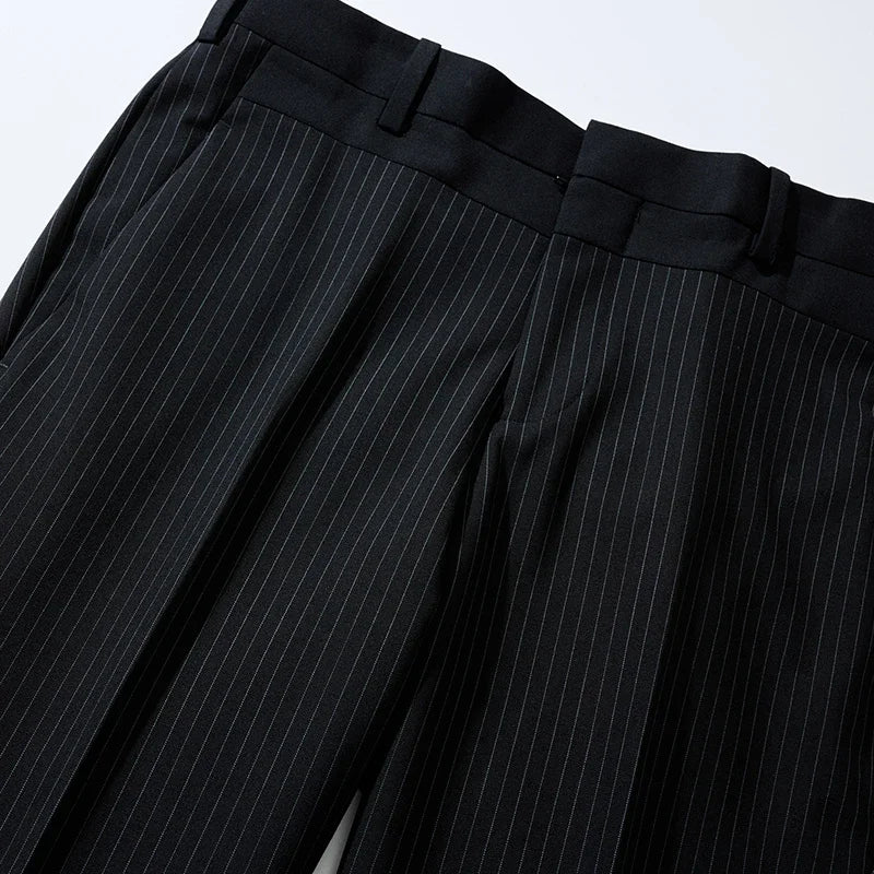 Black Men's Striped Casual Pant, Fashion Slim Calf Length Pants