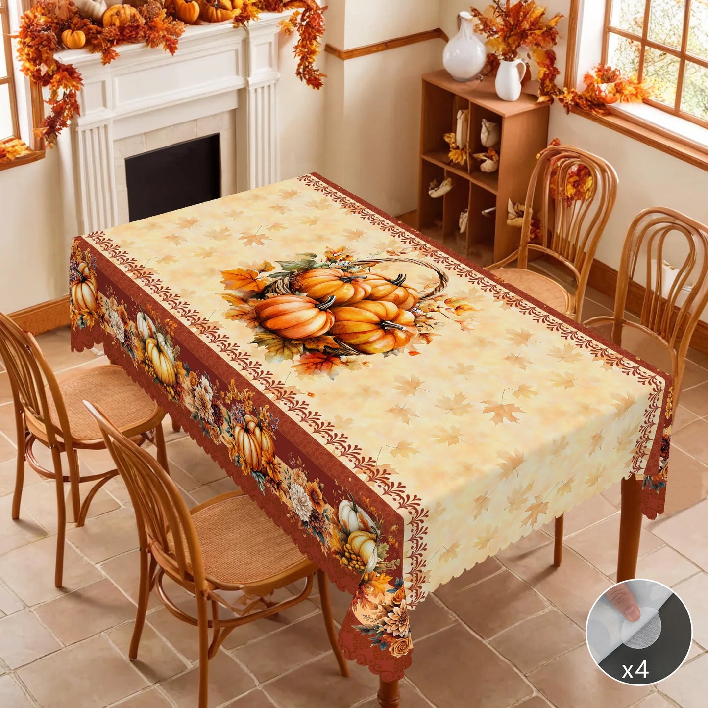 1 Piece of Thanksgiving Pumpkin Print Tablecloth, Available in Various Sizes, Autum Flower Pattern Printed Tablecloth, Thanksgiving Party Tablecloth Decoration, Suitable for Home Kitchen, Dining Room Terrace Indoor and Outdoo