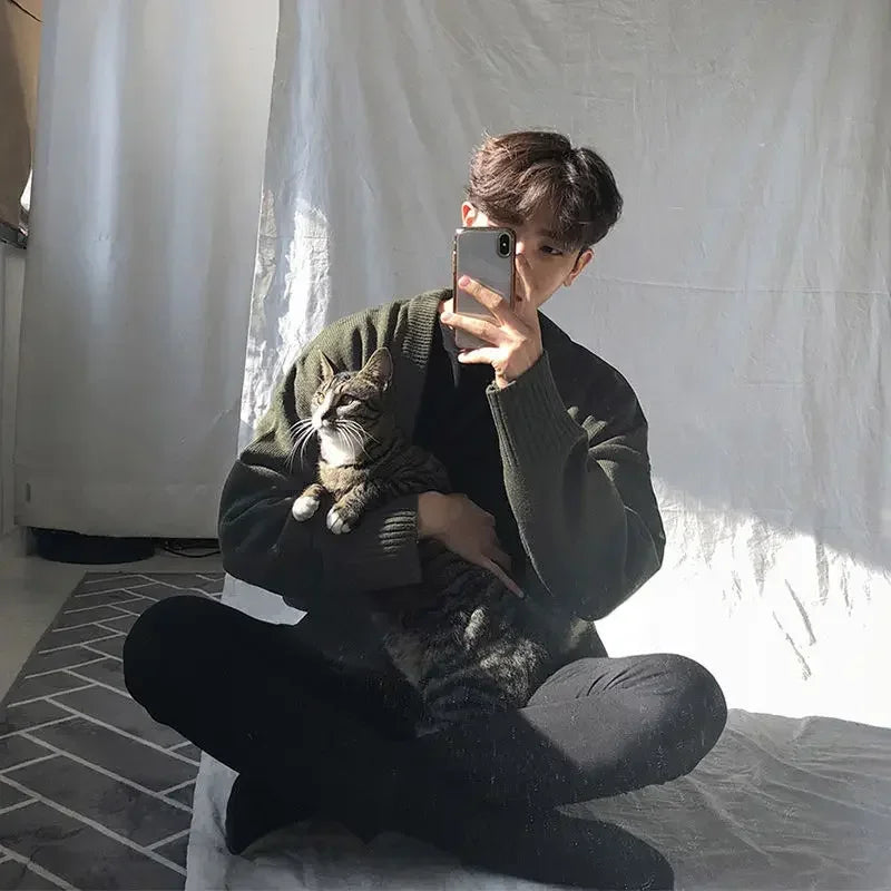 Knitted Sweaters For Men Solid Color White Man Clothes Coat Plain Jacket Cardigan Autumn Elegant Comfortable