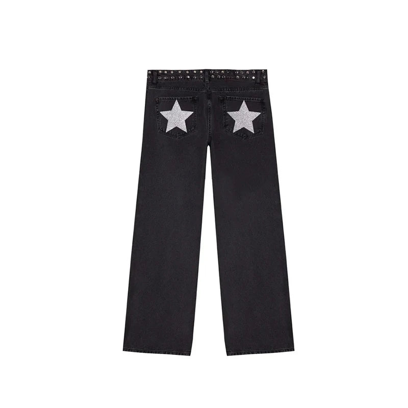 High Street Rivet Y2k Woman Long Jeans Denim Star Patchwork Low Waist Straight Pants 2025 New Fashion Casual Women's Trousers