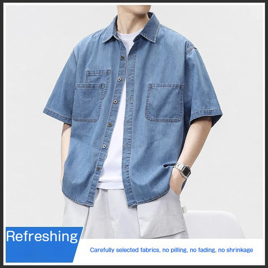Designer Pocket Denim Shirt Men's Short Sleeve Summer Casual Shirt Jacket Oversized